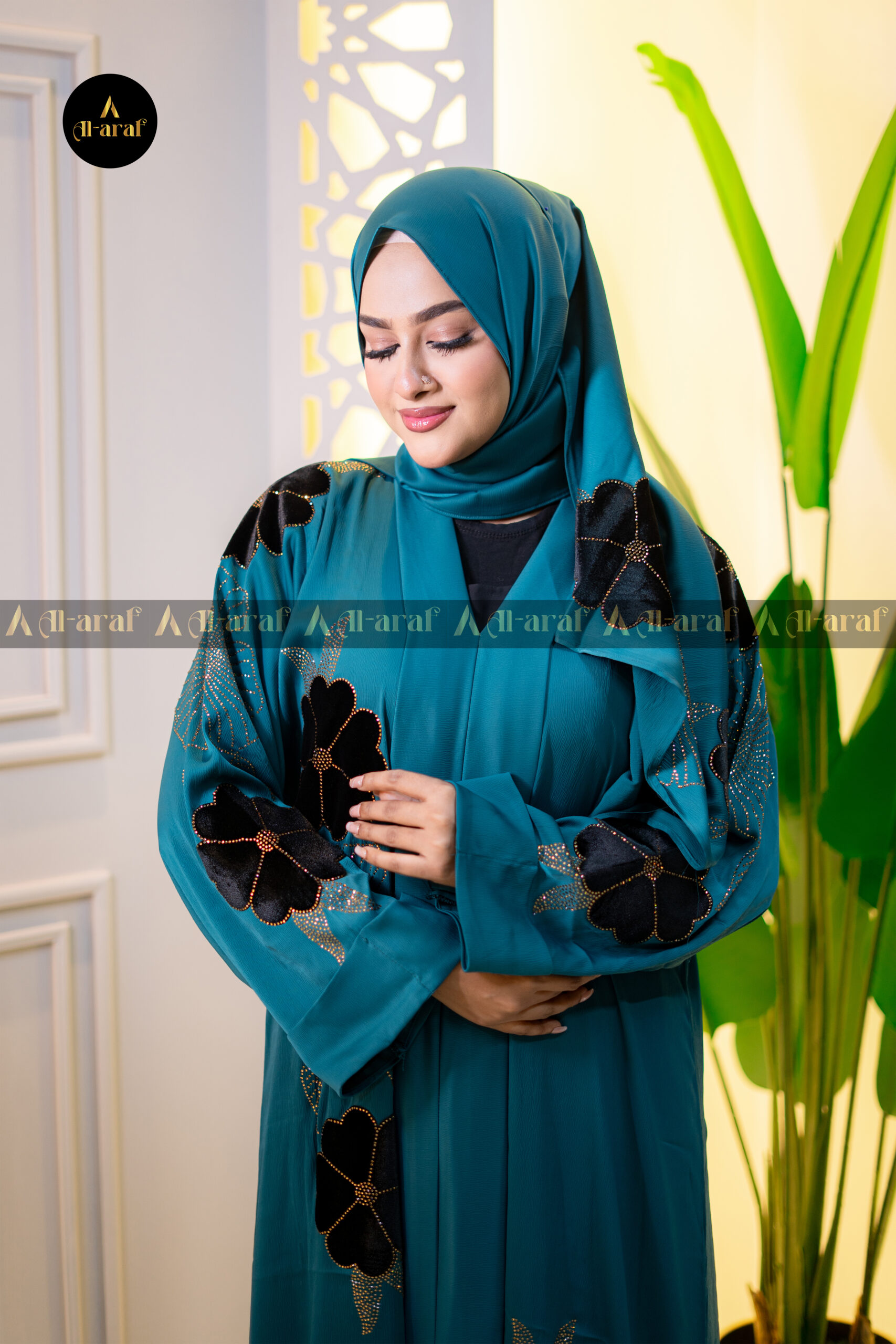 Zafreen Velvet Applique Abaya – Deep Sea Green Color